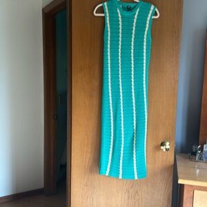 NWT Monrow Dress Crochet Midi Sleeveless in Cream Teal Striped Size L